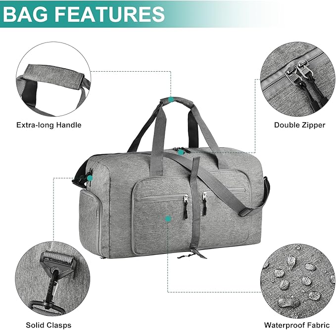 Dimayar 40L Travel Duffle Bag - Foldable Duffel Bag with Shoes Compartment - Overnight Bags Waterproof & Tear Resistant(Gray)
