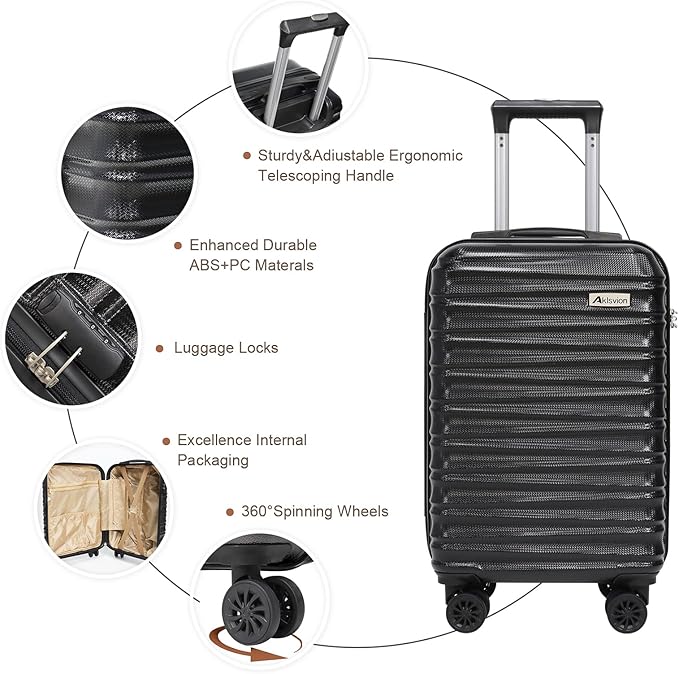 Luggage Set 3 Piece Luggage Set ABS hardshell Spinner Wheels Luggage Carry on Suitcase with Weekender bag & Toiletry bag(Black)