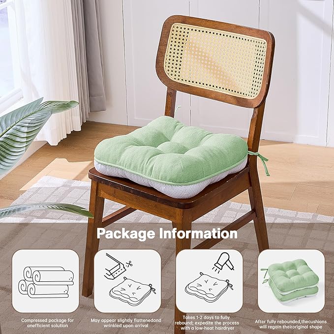 Betu Chair Cushions for Dining Chairs Set of 4,3.5" Thick Green Kitchen Chair Cushions Chair Pads with Ties,Non Slip Backing,Home Room Decor Seat Cushion,Bar,Patio Folding Chairs16"X16"X3.5"Sage Green