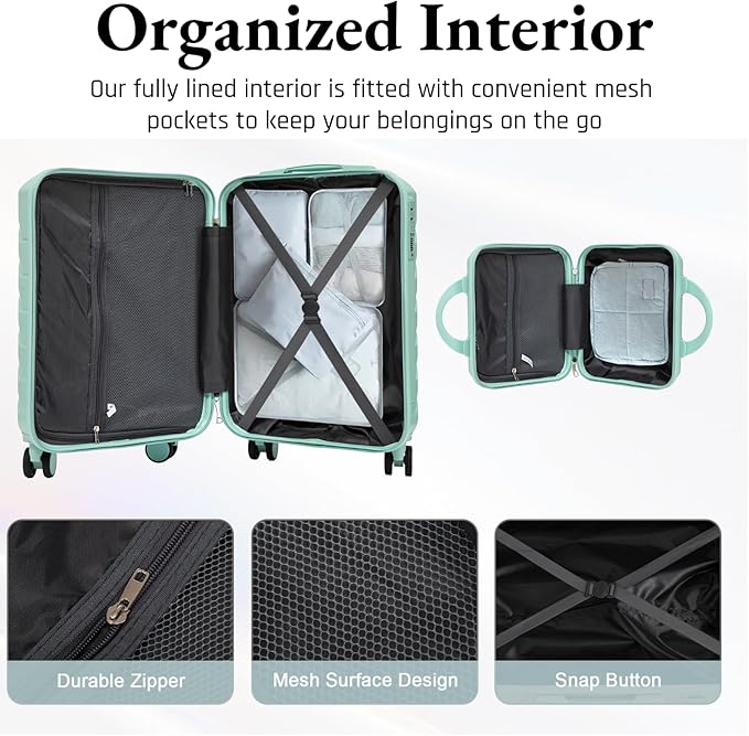 2-Piece ABS Hard Shell Lightweight Carry-On Luggage Set (14" & 20"), 360-Degree Spinner Wheels, Adjustable Telescopic Handle and Combination Lock for Travel, Mint Green