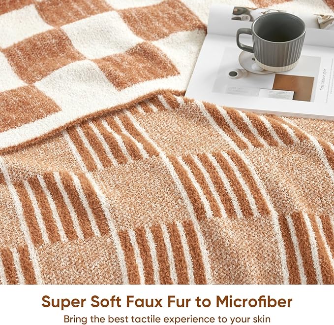 Snuggle Sac Checkered Orange Throw Blanket for Fall,Super Soft Reversible Cozy Warm Blanket for Couch Sofa Bedroom,Cute Lightweight Striped Throws for Women,Heather Orange,50x60 inches