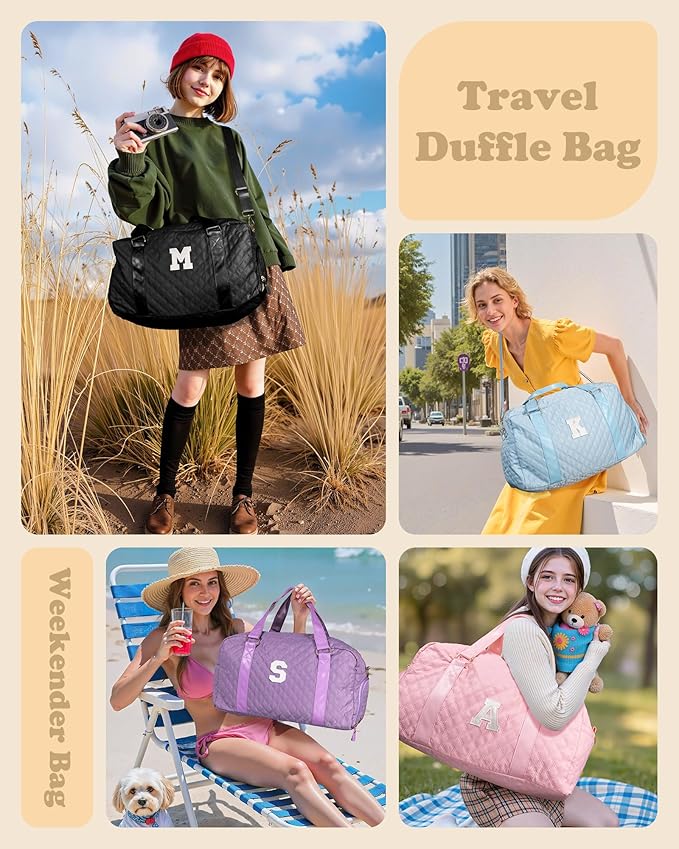 Initial Travel Duffle Bag Women Girls Gift: Personalized Weekender bags, Dance Cheer bag Sports for Girl, Kid Gymnastics Bags, Birthday Gifts for Women Girls Kids Teens Mom Teacher