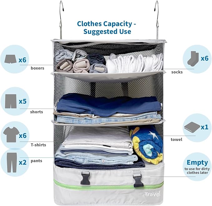 Grand Fusion Stow-N-Go Packing Organizer for Luggage, Portable Hanging Travel Shelves, Carry-On Closet, Hanging Packing Cubes, Collapsible Carry-On Organizer for Cruises & Hotels. Light Gray - XL