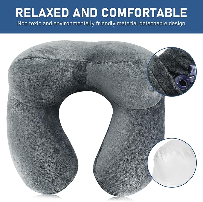 1 PcsInflatable Travel Pillows for Sleeping Airplane Inflatable Neck Pillow for Traveling Pillow Inflatable Travel Neck Pillows for Airplanes Sleeping, Train, Car, Office, with Eye Masks, Earplugs