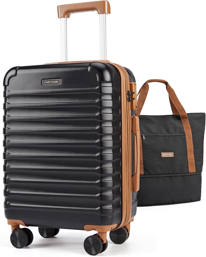 LIGHT FLIGHT Luggage Sets, Carry On Luggage 22x14x9 Airline Approved, Carry On Travel Bag Suitcases with Wheels, Expandable Hardside Lightweight Rolling with TSA Lock 2-Piece Set (DB/20),Black/Brown