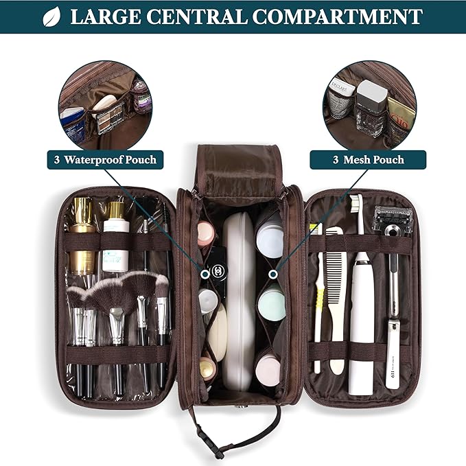 PAVILIA Toiletry Bag for Men Women, Mens Travel Bag Toiletries Organizer Case for Grooming, Travel Essentials Shaving Dopp Kit, PU Leather Water Resistant Cosmetic Pouch, Dark Brown