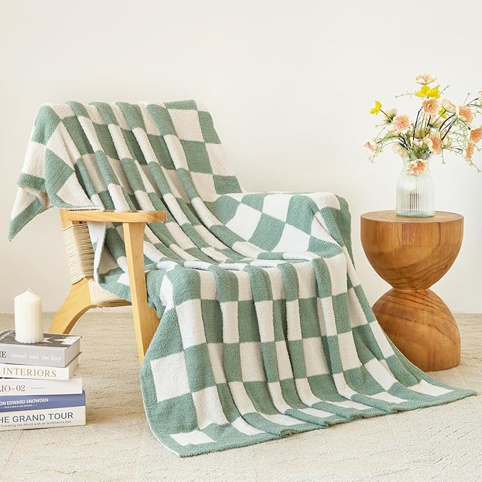 Checkered Blanket, Cozy Soft Throw Blankets for Couch Bed, Fluffy Plaid Lightweight Comfy Travel Picnic Blanket Gifts for Sofa Chair Living Room Camping (Sage Green, Twin 60"x80")