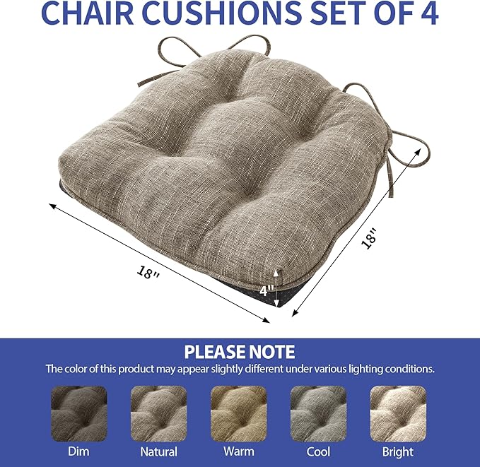 Chair Cushions for Dining Chairs Set of 4, Kitchen Chair Cushions, Chair Pads with Ties and Non Slip Backing, Tufted Memory Foam Seat Cushion 4 Pack, 18" x 18" x 4", Khaki