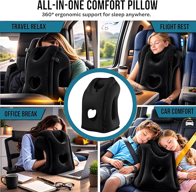 Inflatable Travel Pillows for Airplane-Multi Purpose Blow up Travel Pillow to Prevent Neck,Head,Chin & Shoulder Pain for Travelling Car/Airplane/Office Nap,Home with Eye Mask and Earplugs-Black