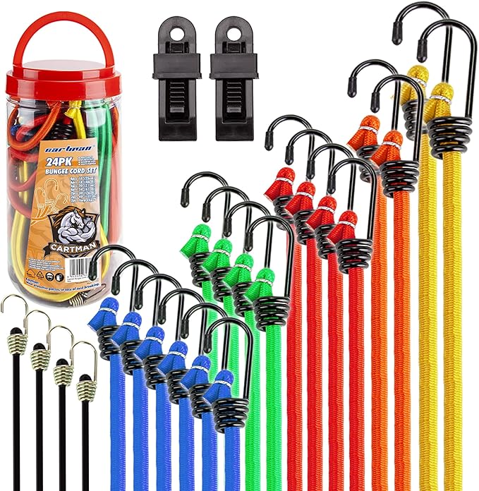 Cartman 22pcs Bungee Cord Assortment with Metal Hook in Jar, Includes 10", 18", 20", 24", 30", 40" Bungie Cord Bundle, with 2pcs Tarp Clips