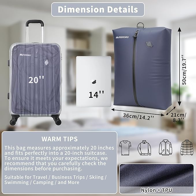 Vacuum Bag for Travel, Professional IPX8 Waterproof Reusable Vacuum Compression Bags for Travel Suitcases, Durable Space Saver Bag(2 PACK Navy Blue,With Pump)
