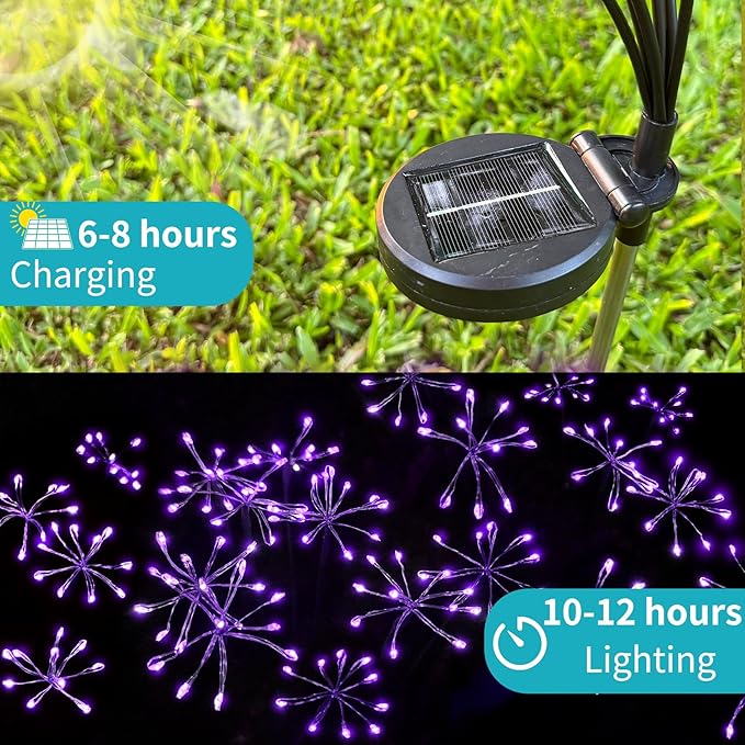 Solar Garden Lights, New Upgraded 2 Pack Solar Swaying Starburst Light, Waterproof Fireworks Outdoor Lights, Yard Patio Pathway Decoration, Purple