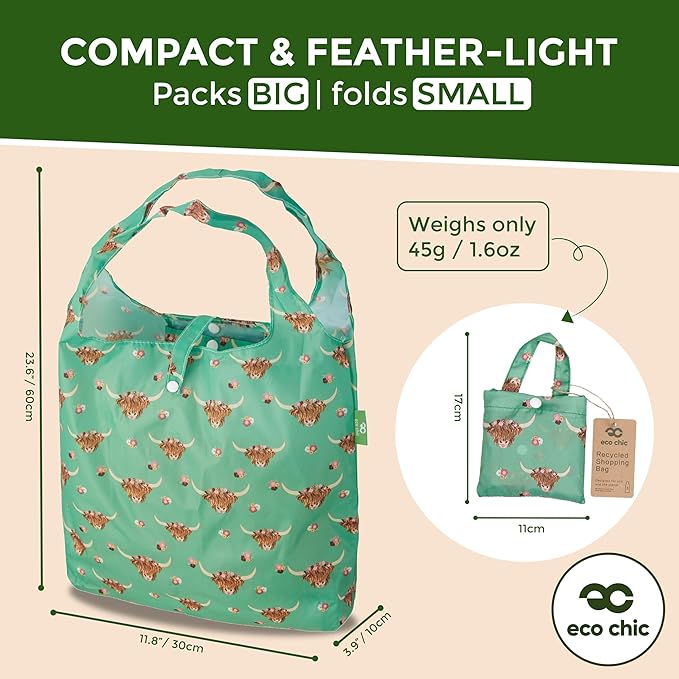 ECO CHIC Foldable Reusable Grocery Bags - Lightweight, Recycled & Reusable Shopping Bag - Waterproof Packable Tote