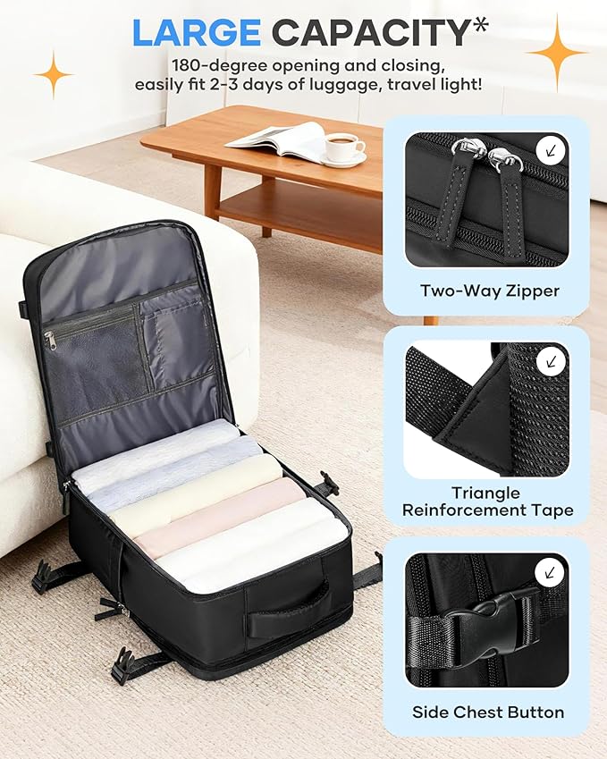 coofay Black Travel Backpack Carry on Flight Approved Mochila De Viaje Personal Item Backpack for Airlines Frontier Airlines Personal Item Bag Large Backpack for Travel Backpacks for Men Women