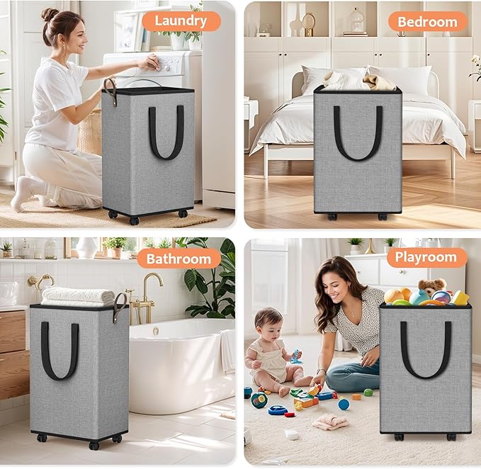 Laundry Basket with Wheels, Collapsible Laundry Baskets, Laundry Hamper with Handles Detachable Wheels, Rolling Laundry Basket, Dirty Clothes Hamper for Bathroom, Dorm, Bedroom, Grey, 80L