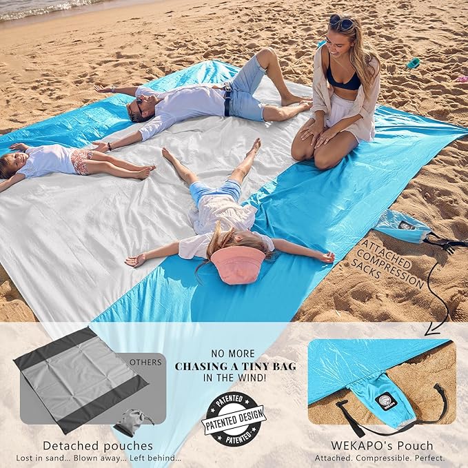WEKAPO Beach Blanket Sandproof Waterproof, Extra Large Beach Mat, Oversized & Compact Sand Free, Quick Drying Beach Essentials for Vacation, Cruise, Picnic & Camping with Stakes