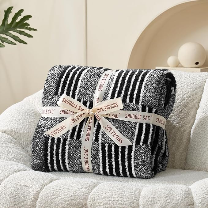 Snuggle Sac Checkered Throw Blanket, Black Fluffy Faux Fur Reversible Soft Microfiber Warm Throw Blankets for Couch,Sofa,Travel,Cozy Lightweight Striped Blankets for Women,Heather Black,50x60 inches