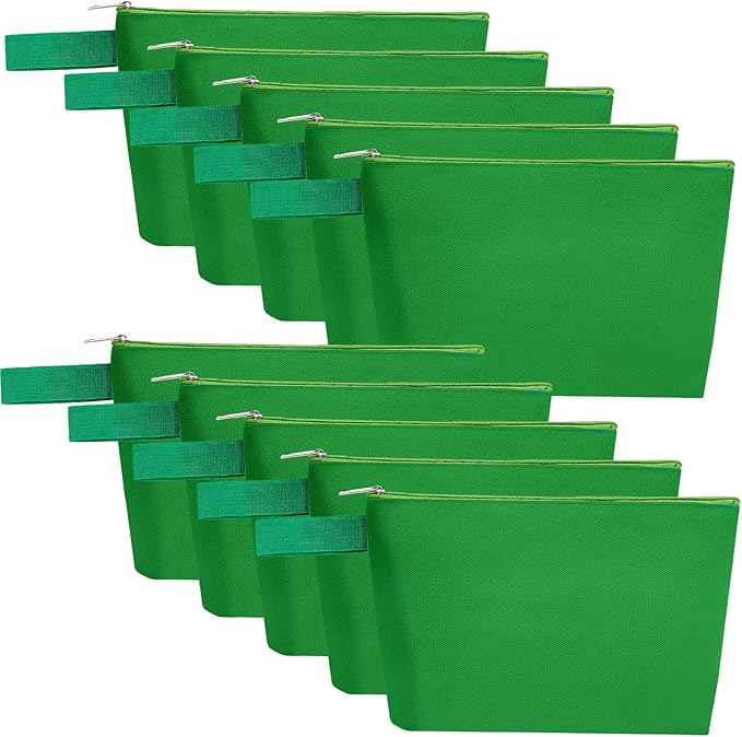 10 Pieces Cotton Canvas Makeup Bag with Bottom and Strap, Multi-Purpose Cosmetic Bag with Zipper Travel Toiletry Pouch, Blank DIY Craft Bag (Green, M)