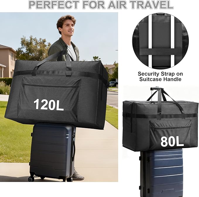 SUNUP Large Duffle Bag for Travel, 80L Foldable Travel Duffel Bag for Men Women, Waterproof Overnight Weekender Moving Storage Bags, Black