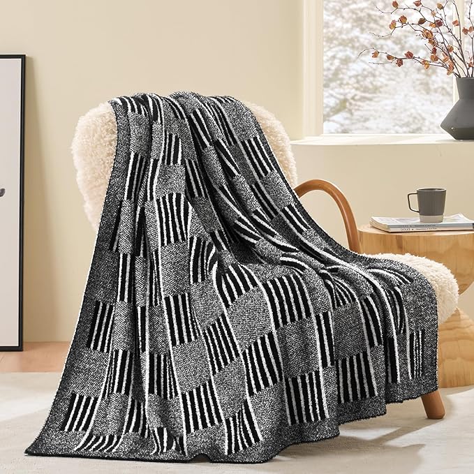 Snuggle Sac Black Faux Fur Checkered Blanket Twin Size with Soft Knitted Microfiber,Reversible Soft Cozy Warm Blanket for Sofa Bed,Lightweight Striped Blankets for Women,Heather Black,60x80 inches