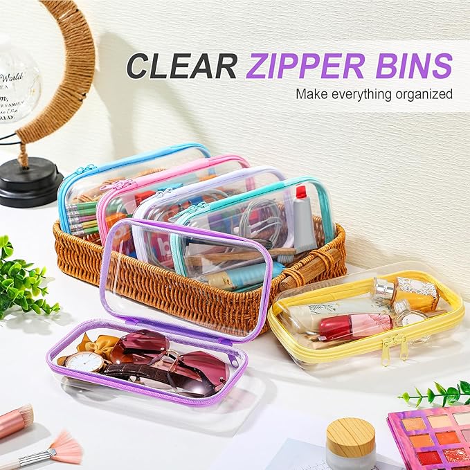 Sanwuta 6 Pcs Clear Hard Zipper Case Plastic Zipper Pouches Transparent Makeup Bag Pencil Case Pouches Toiletry Diaper Bag for Travel Toy Storage Organizer Bins(Colorful,7.48 x 3.94 x 2 Inch)