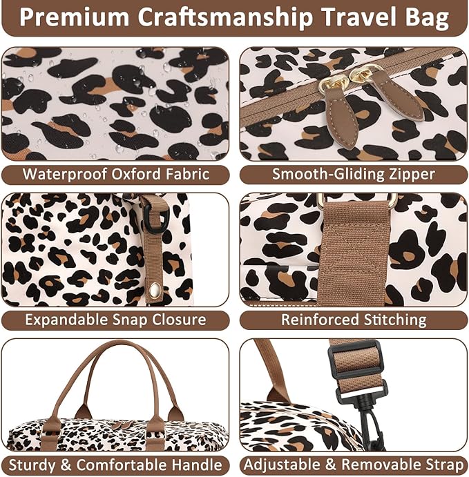 Travel Duffle Bag for Women, Weekender Bags, Hospital Bag for Labor Delivery, Lightweight Tote Duffel Overnight Bag with Luggage Sleeve, Airplane Travel Bags with Toiletry Bag,Large,Leopard