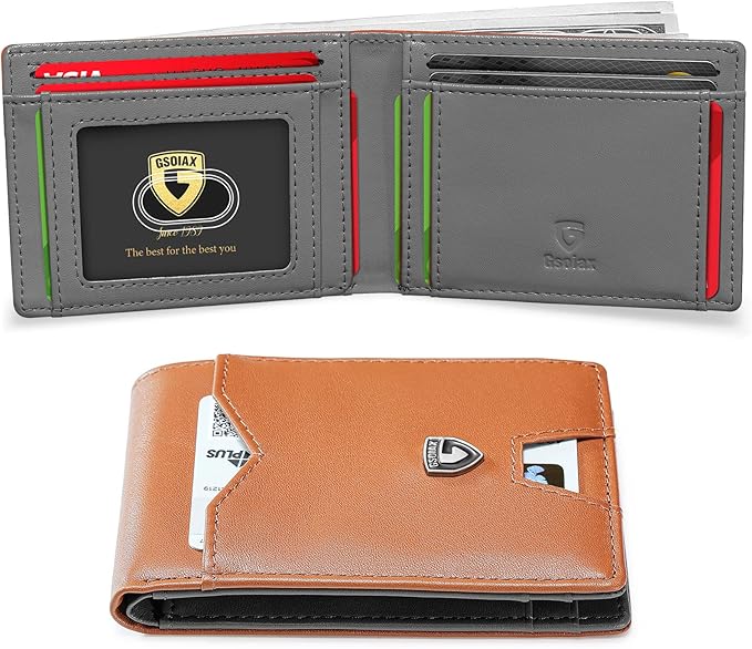 GSOIAX Slim Wallet for Men Rfid Blocking Leather Bifold Front Pocket Carbon Fiber Credit Card Holder Novelty Wallets With Gift Box (Brown and Grey)