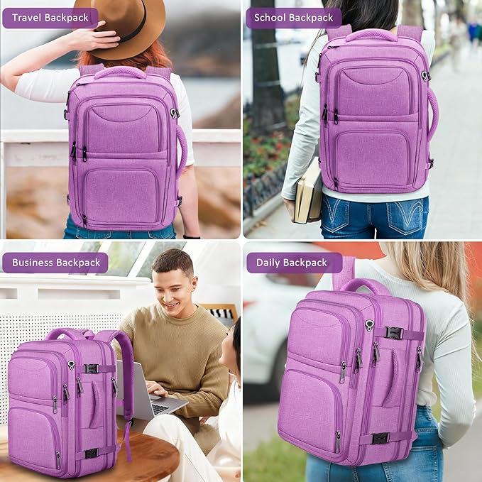 Travel Backpack for Women, Expanable Carry on Backpack, TSA 17.3 inch Laptop Bag Flight Approved, Lightweight Waterproof Business Luggage Bag, Travel Gifts for Women, Purple