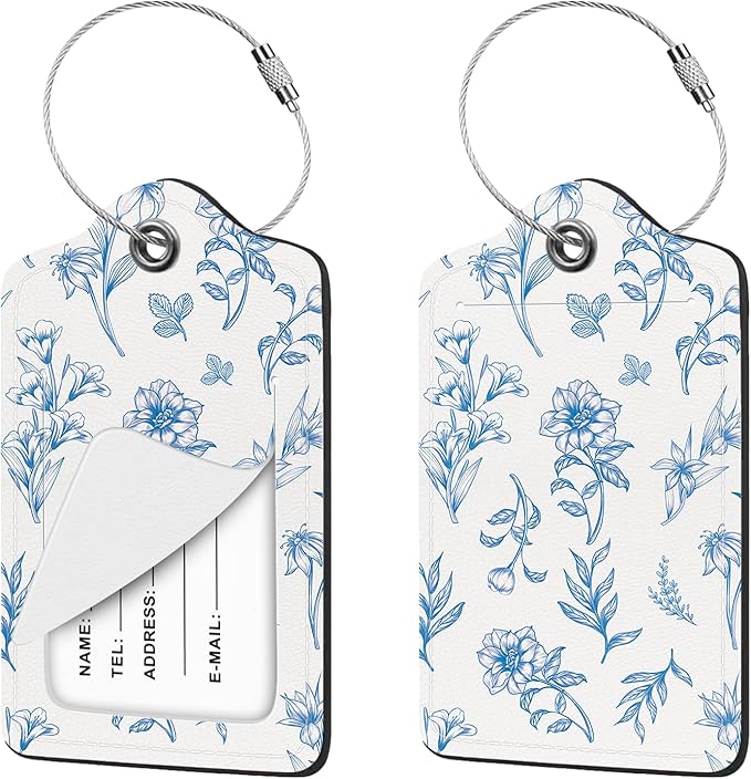 2 Pcs Luggage Tag for Suitcases, Floral Cute PU Leather Suitcase Tag Privacy Cover Name ID Label with Metal Loop, Personalized Baggage Identifier for Women Cruise Bag Travel Essentials