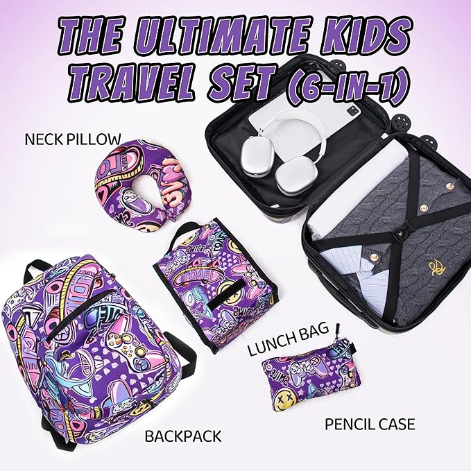 Kid’s Luggage Set 6 Piece Suitcase Set 16" Hardside Luggage with Spinner Wheels Girls Boys Carry on Luggage Travel Rolling Luggage Airline Approved (Emoji)