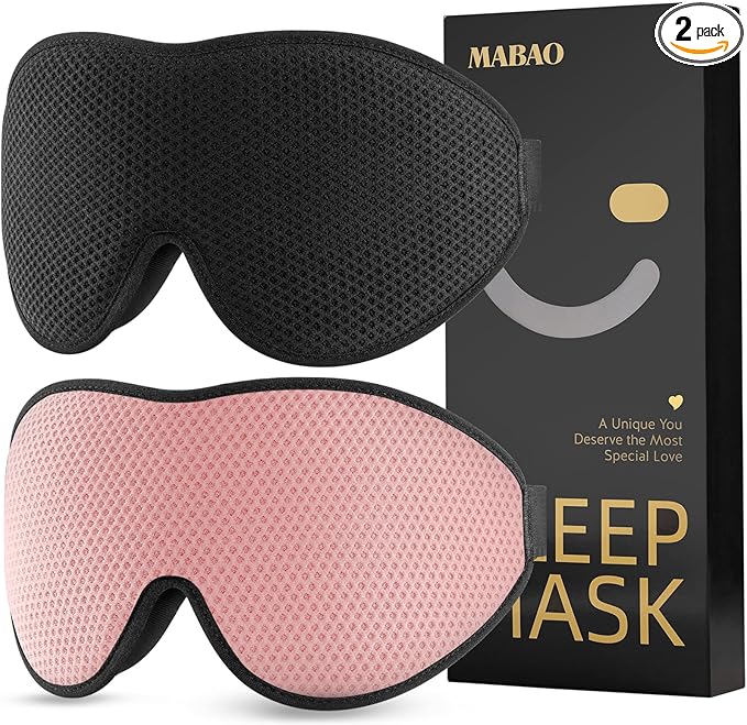 MABAO 2 Packs Sleep Mask for Side Sleeper, Eye Mask for Sleeping Women Men, 3D Contoured Cup No Eye Pressure 100% Light Blocking Sleeping Mask with Adjustable Strap Night Blindfold, Nap, Black & Pink
