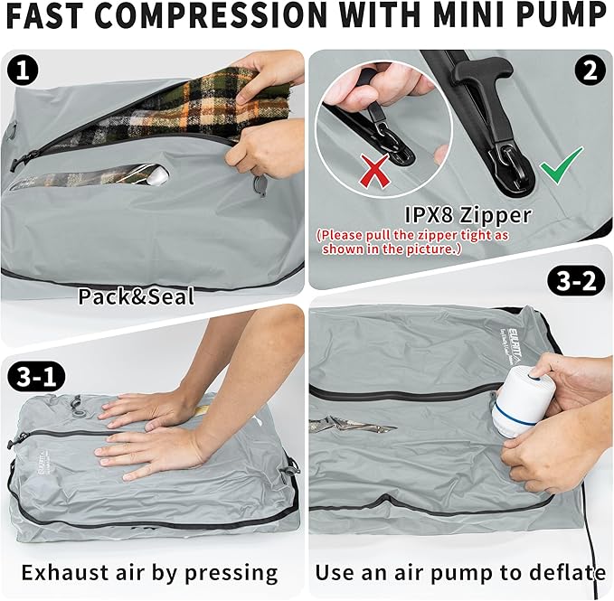 Reusable Vacuum Bags for Travel,Professional Waterproof IPX8 Vacuum Compression Bag for Suitcases Backpack,Space Saver Bags Packing Organizers for Clothing Packing(1 Pack,Gray)