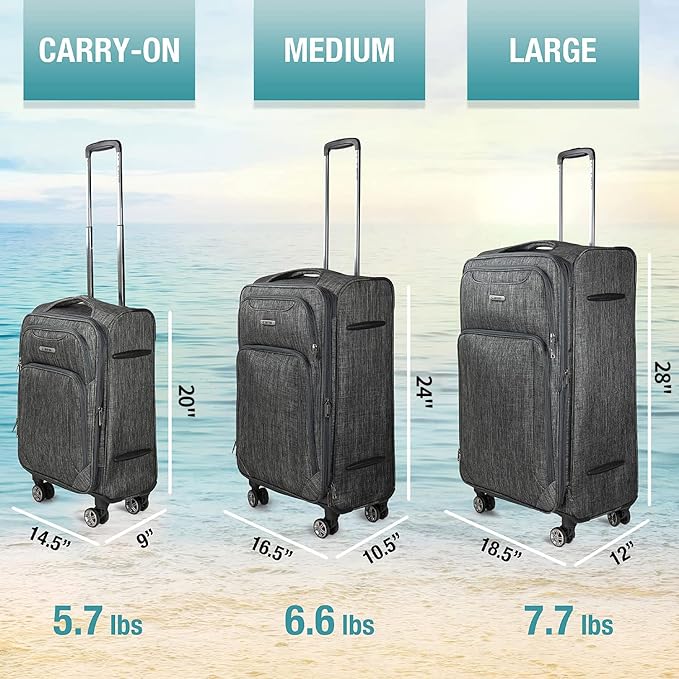 Cantor Ultra Lightweight Softside Luggage with Spinner Wheels, Set of 3, Expandable Suitcase with Retractable Handle and ID Tag, and Interlocking Zippers with TSA Lock