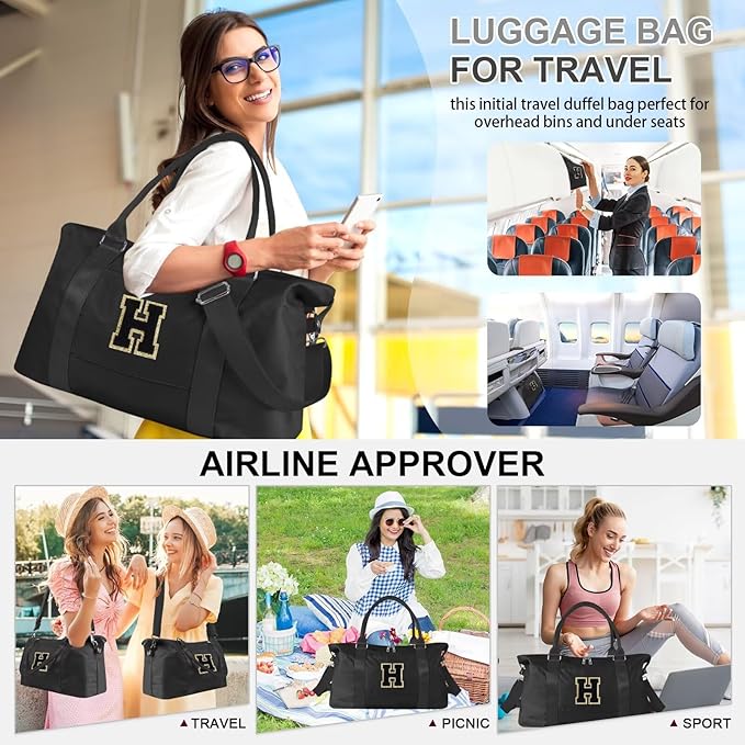 Dance Gym Duffel Bag for Teen Girls, Personalized Initial Travel Weekender Bag,Cute Overnight Carry On Duffle for Women,Sports Travel Cheer Bag,Monogram Christmas Gifts for Tween Preppy(black-H)