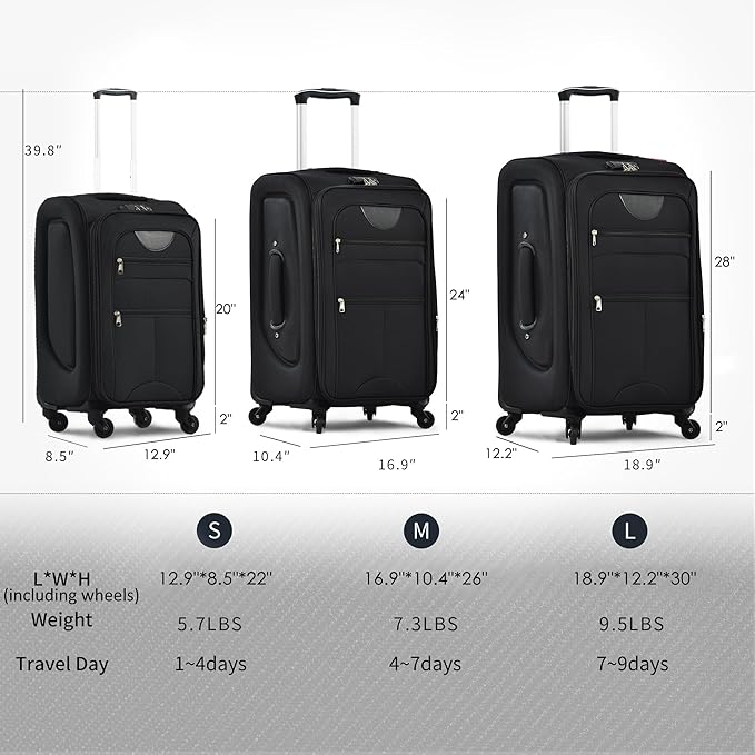 Merax Suitcase Set Softside 3-Piece Expandable Luggage with TSA Lock Spinner Wheels Lightweight Upright Luggage with Travel Bag(22/26/30 IN, Black)