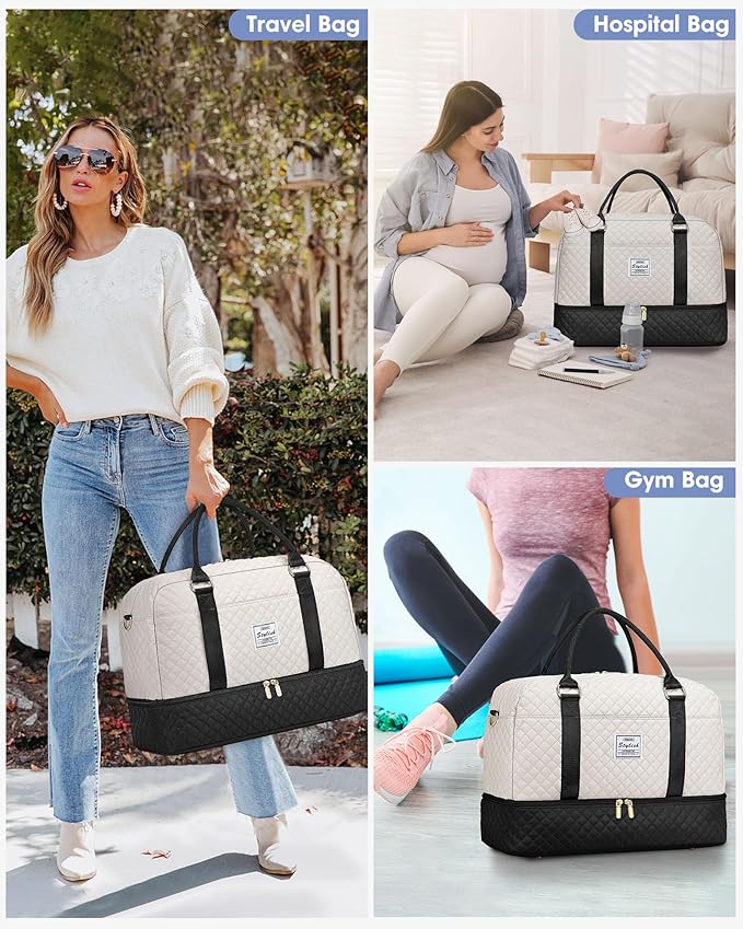 Weekender Travel Duffle Bag for Women: Overnight Bags with Shoe Compartment Carry on duffel Bag for Airplanes with 2 PCS Toiletry Weekend Yoga Gym Hospital Bag with Wet Pocket Black Beige