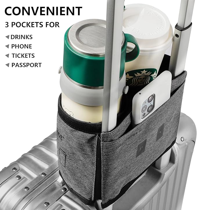 riemot Luggage Travel Cup Holder Free Hand Drink Carrier - Hold Two Coffee Mugs - Fits Roll on Suitcase Handles - Gifts for Flight Attendants Travelers Accessories Grey