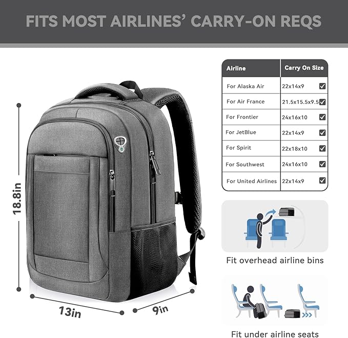 AREYTECO Travel Backpack, 17 Inch Laptop Backpack Airline Approved, Business Anti Theft Slim Sturdy Work Computer College High School Backpack Bag Fits 17.3 Inch Notebook for Men Women, Grey