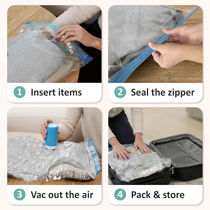 Cozy Essential Travel Vacuum Storage Bags with Rechargeable Cordless Electric Pump, Space Saver Bags for Luggage, Suitcase, Carry-On, for Clothes, Blankets, Comforters, Pillows, 8 Combo