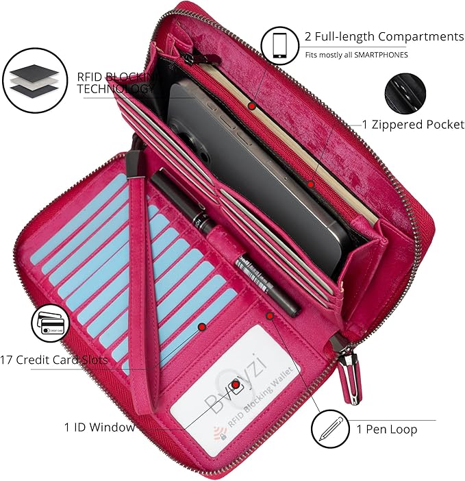 Bveyzi Women RFID Blocking Wallet Leather Zip Around Phone Clutch Large Capacity Ladies Travel Purse Wristlet | RFID Blocking, Zip Around, Large Capacity