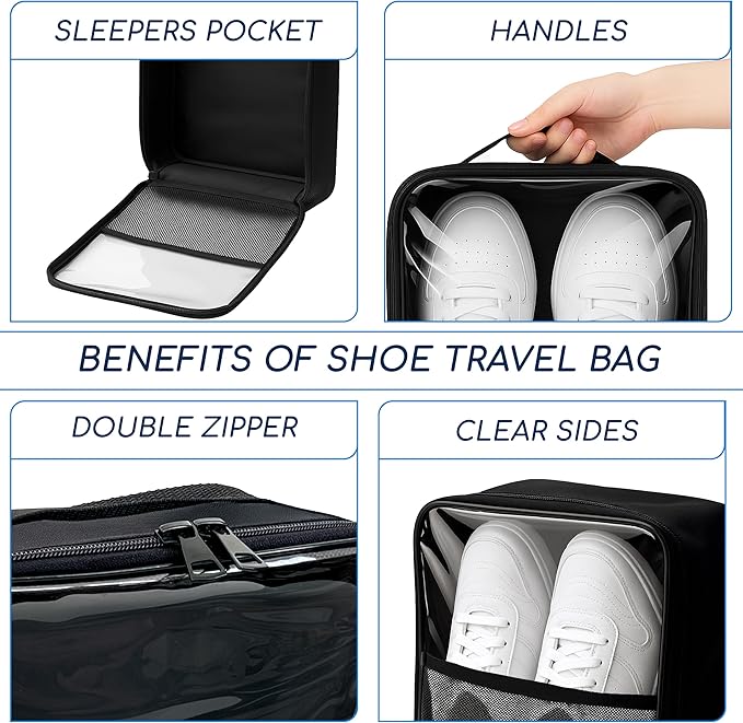 Travel Shoe Bag with Mesh Pocket – Shoe Packing Bags for Travel Women, Moms & Nurses – Water-Resistant Shoe Organizer with Clear Lid for Luggage or Gym