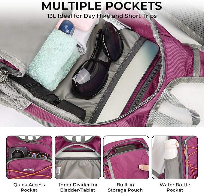13L Small Hiking Backpack for Women Men, Lightweight Foldable Day pack, Packable Daypack for Travel, Camping (Burgundy)
