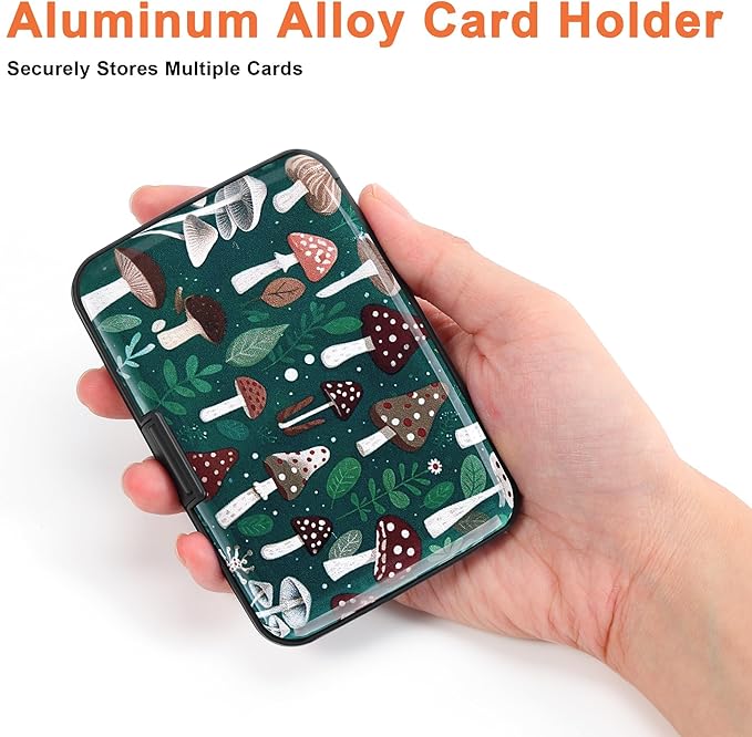 Mayski Credit Card Holder, RFID Blocking, Aluminum Alloy Hard Case, Small Mini Business Metal Wallet for Women Men, Mushroom