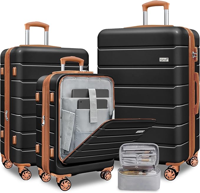 SmileLine 3-Piece Luggage Set Lightweight Hardside Suitcase TSA Lock Spinner Wheels, 20" Expandable Carry-On Luggage with Quick Access Front Open Pocket, Bonus Makeup Bag,Apricot Black