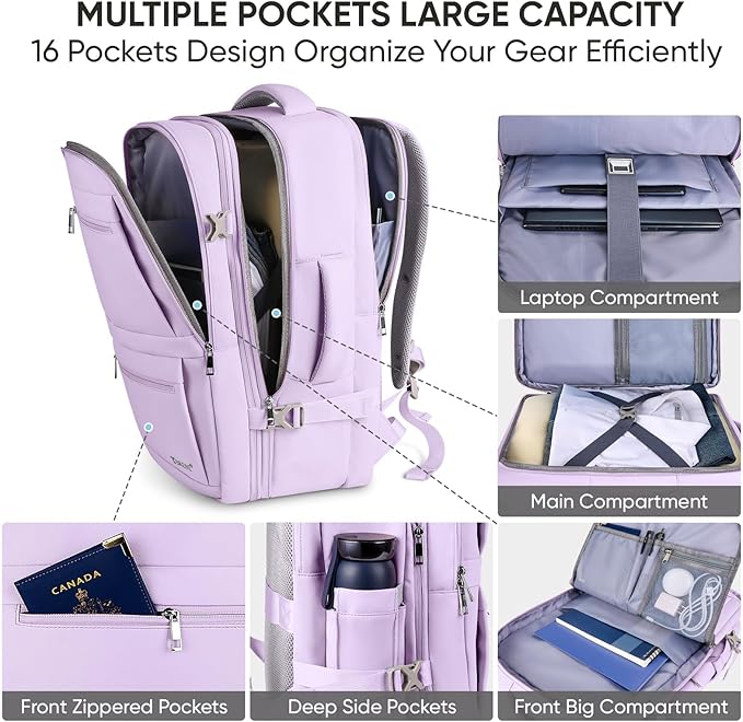 BALEINE Travel Backpack for Women Men, Large Sturdy Carry On Laptop Backpack Gifts for Business, Casual, Weekender, Hiking (XL, Lavender)