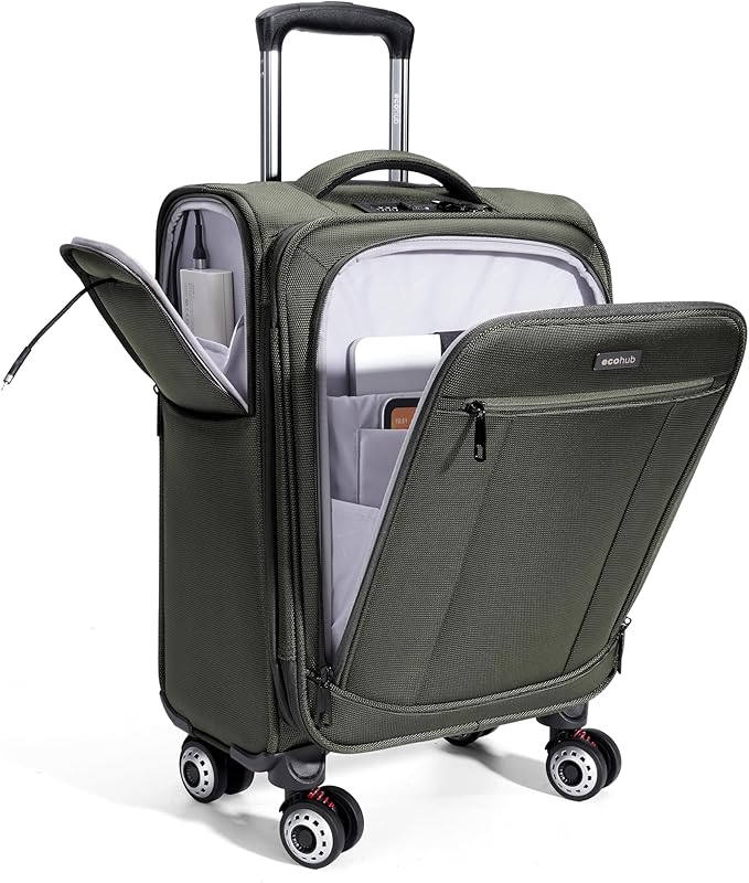 ECOHUB Carry On Luggage Airline Approved, 20 Inch Softside Carry On Suitcase with Spring Shock-Absorbing Spinner Wheels, Lightweight Travel Luggage with TSA Lock, 22x14x9 Carry-On Bag