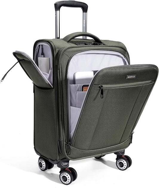 ECOHUB Carry On Luggage Airline Approved, 20 Inch Softside Carry On Suitcase with Spring Shock-Absorbing Spinner Wheels, Lightweight Travel Luggage with TSA Lock, 22x14x9 Carry-On Bag