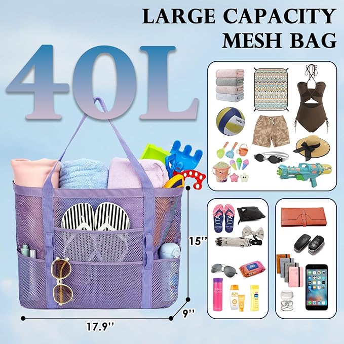 Fammart Mesh Beach Bag, Large Beach Tote with Zipper Pocket, Toys Pool Bag for Family Travel Vacation Cruise Essentials
