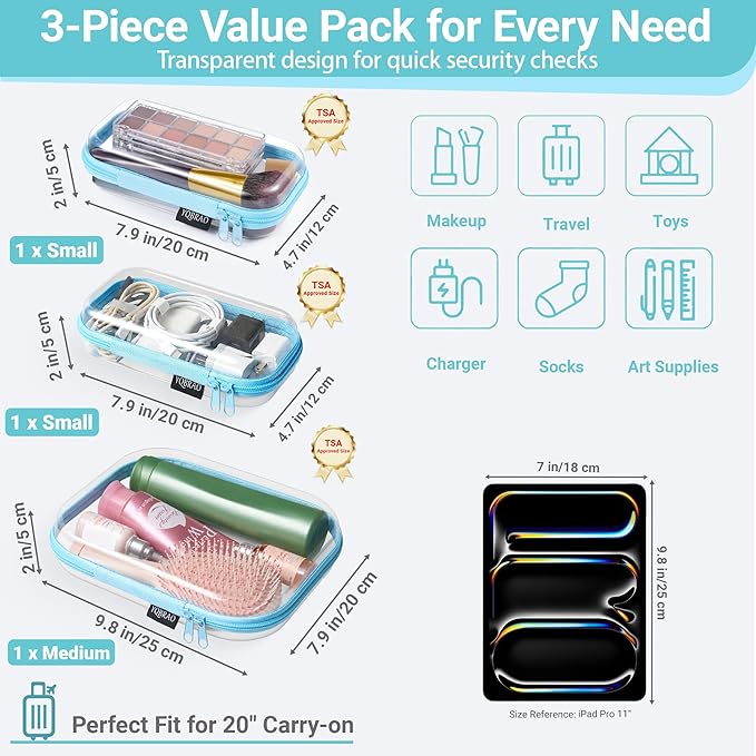 YQBRAO 3 Pack Hard Sided Clear Zipper Case for Storage- Thickened-Grade Clear Hard Shell Zipper Case for Organizing Bead, Handicrafts, Sewing, Toiletries, Makeup (Blue)
