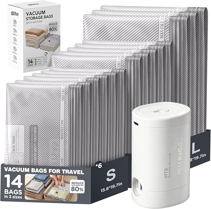 Vacuum Seal Bags for Clothing Travel with Rechargeable Electric Pump, Space Saver Vacuum Storage Bags Travel, Reusable Compression Bags for Luggage Home (14pcs Stripes)